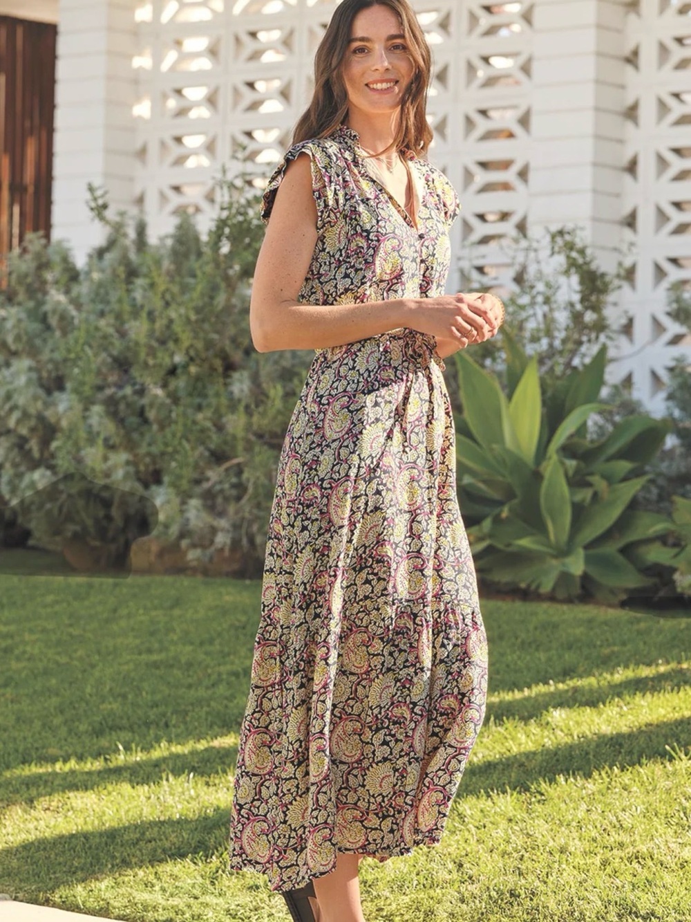 Love Tomas by Emerson Fry Frances Frill Navy Paisley print Maxi Dress sz M - Picture 1 of 14